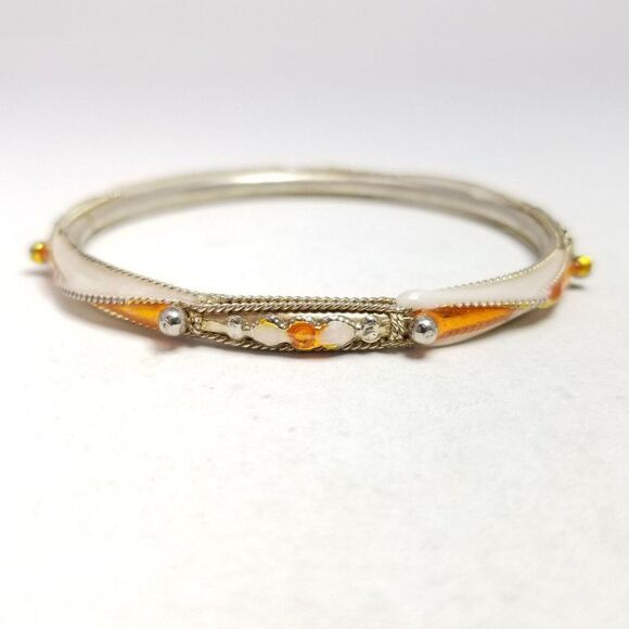 Vintage Orange and White Enamel Bangle Bracelet, Silver Tone Metal, Estate - Picture 6 of 6